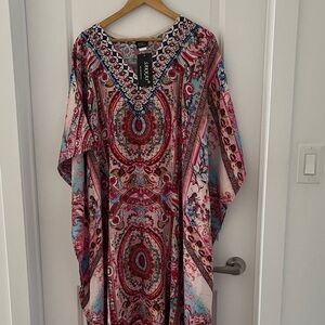 Sakkas Pink Flowy Rhinestone V Neck Long Caftan Dress/Coverup